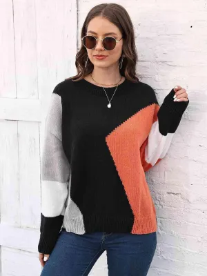 Warm In Style Crew Neck Color Block Sweater