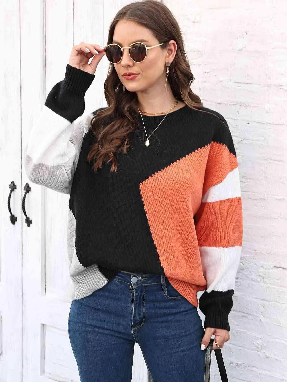Warm In Style Crew Neck Color Block Sweater