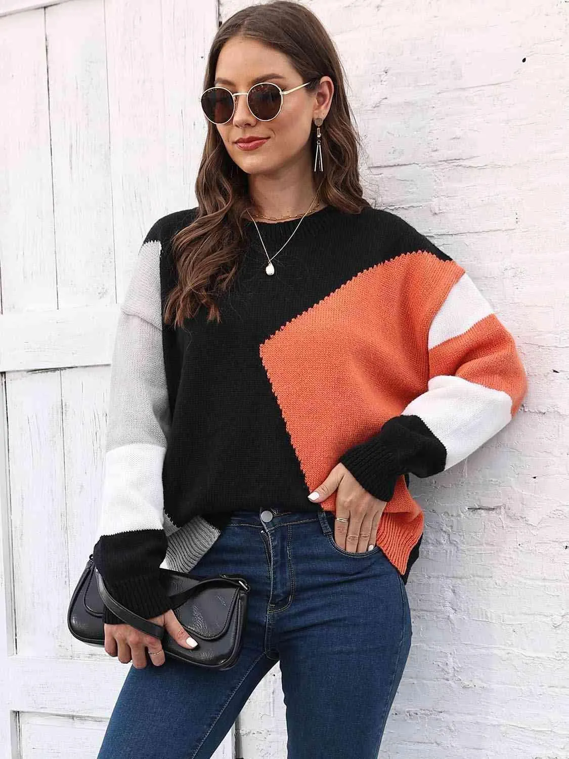 Warm In Style Crew Neck Color Block Sweater