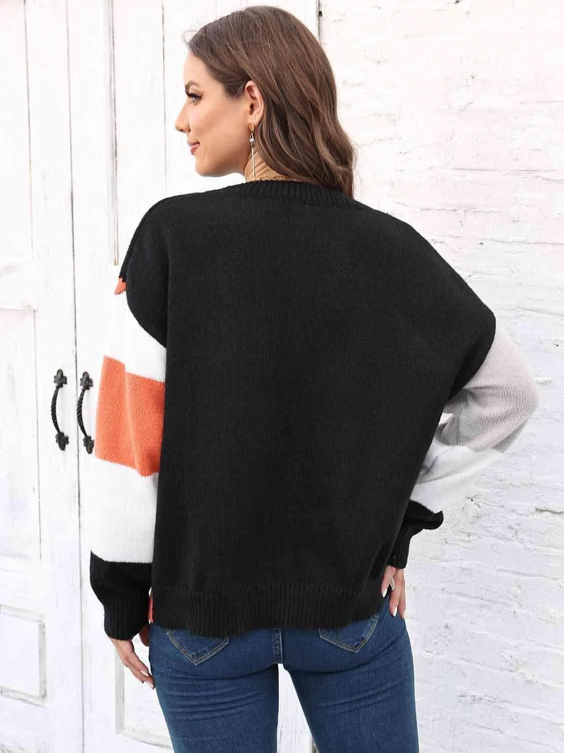 Warm In Style Crew Neck Color Block Sweater