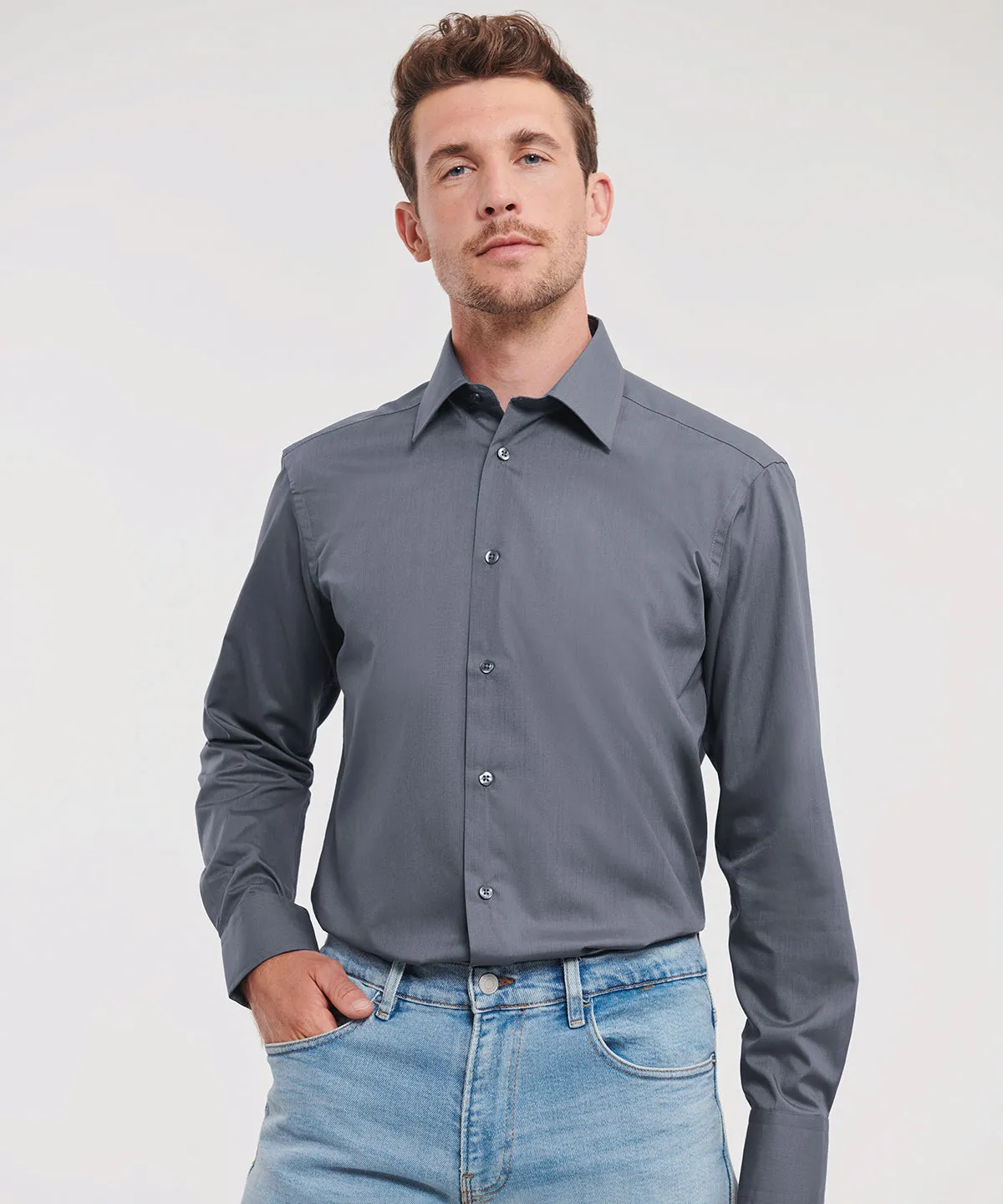 White - Long sleeve polycotton easycare fitted poplin shirt