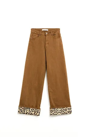 Wide Leg Camel Pants With Leopard Print At The Bottom