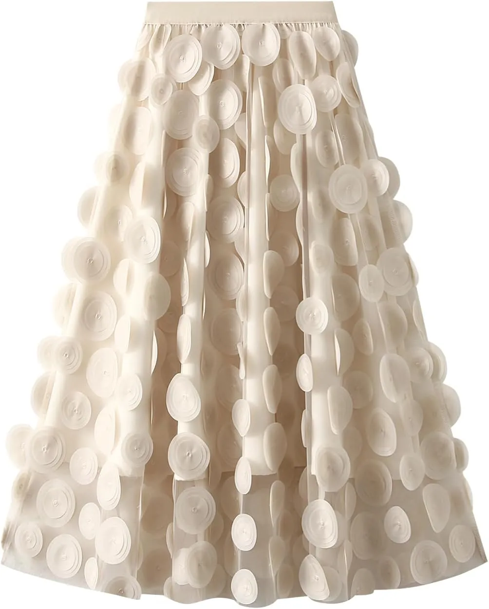 Women 3D Polka Tulle Maxi Skirts Dot Elastic Waist A Lined Sheer Mesh Mid Skirts Formal Flowy Party Clubwear
