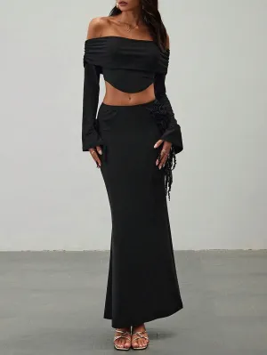 Women's Elegant Sexy Asymmetrical Top And Low Waist Bodycon Skirt  Sets With 3D Flowers