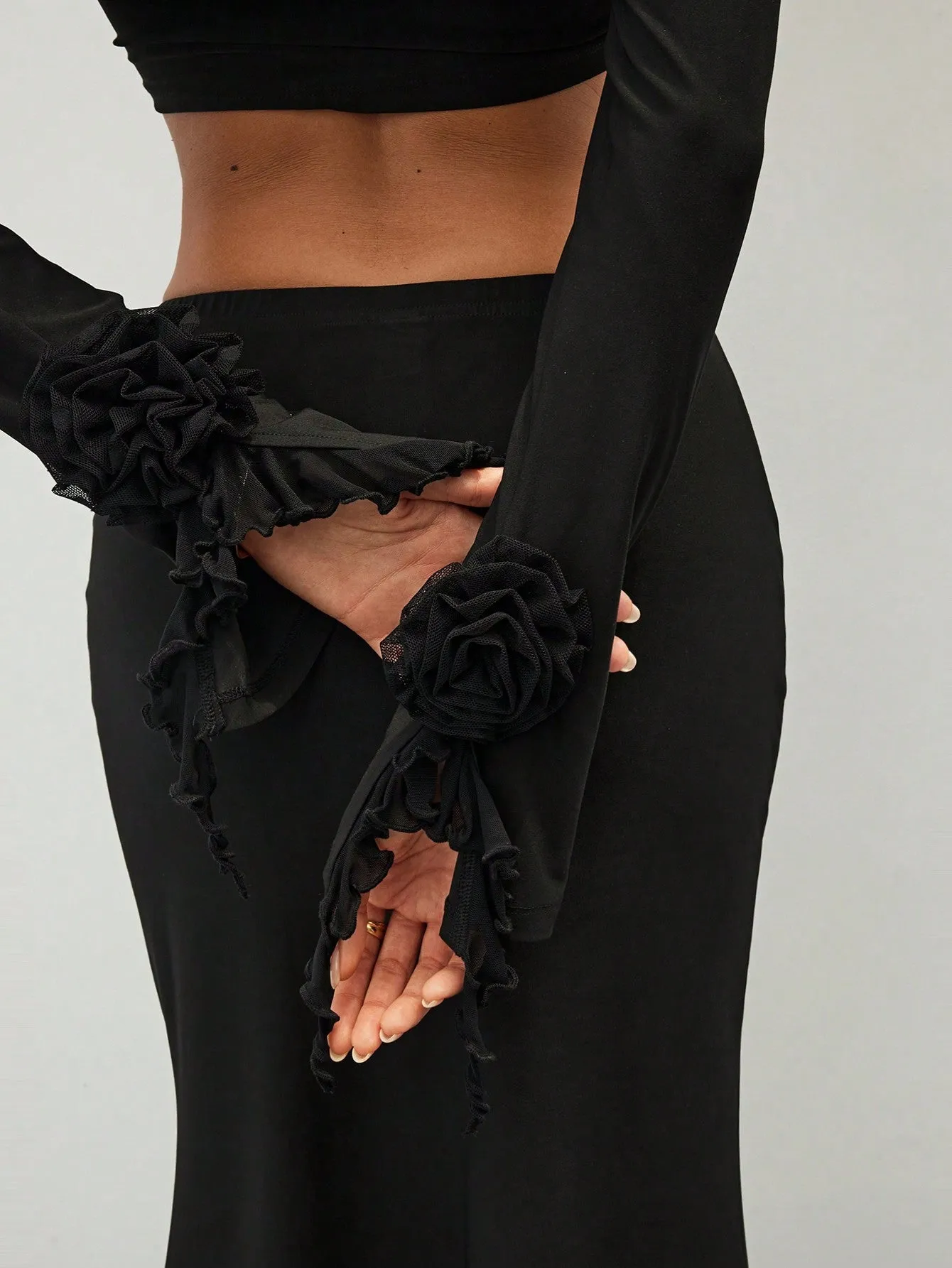Women's Elegant Sexy Asymmetrical Top And Low Waist Bodycon Skirt  Sets With 3D Flowers