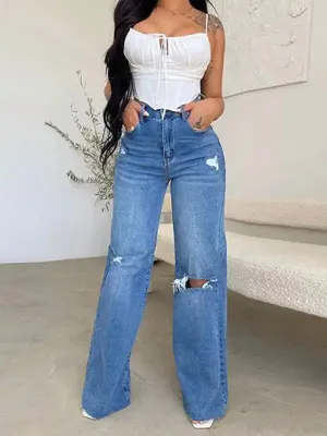 Women’s long high waist ripped raw edge comfortable wide leg jeans