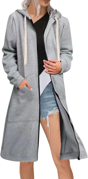 Women's Long Sleeve Long Hooded Open Front Cardigan Jacket With Pockets Casual Lightweight Duster Coat Fall And Winter