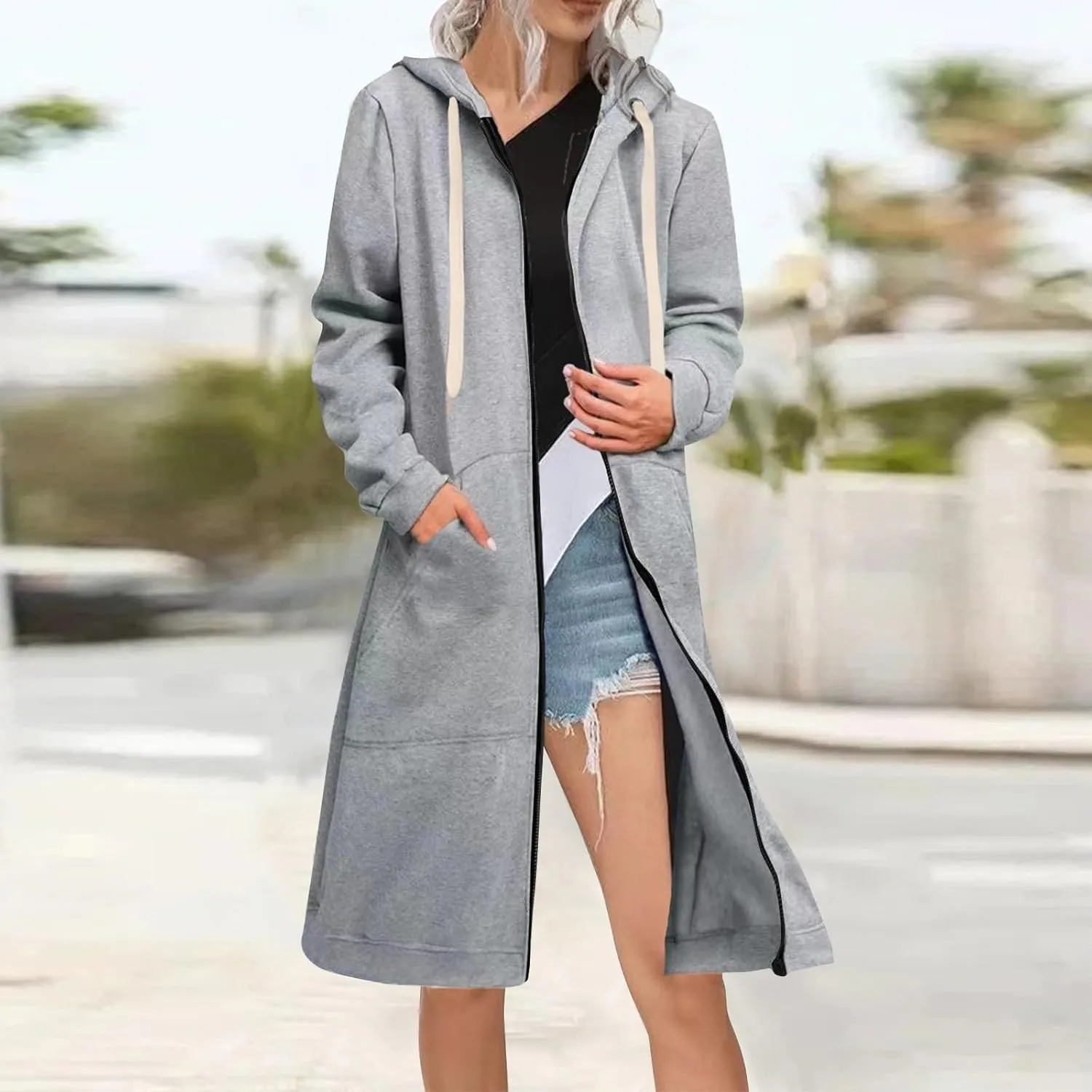 Women's Long Sleeve Long Hooded Open Front Cardigan Jacket With Pockets Casual Lightweight Duster Coat Fall And Winter
