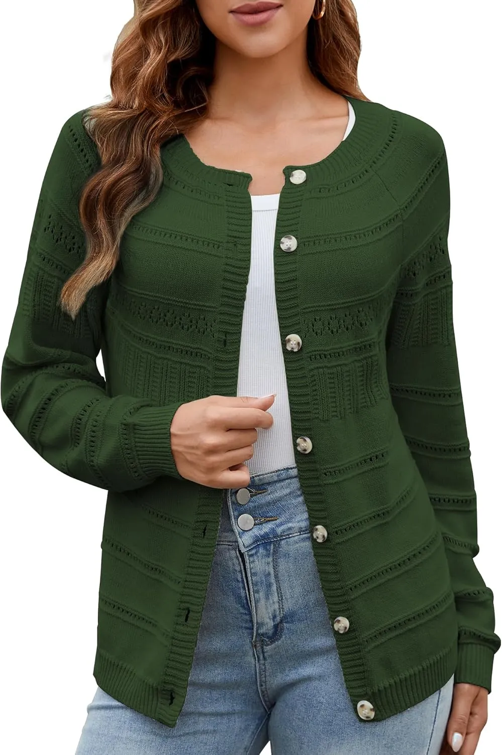 Women's Long Sleeve Sweaters Cardigan 2025 Spring Open Front Button Down Chunky Lightweight Soft Cable Knit Outwear