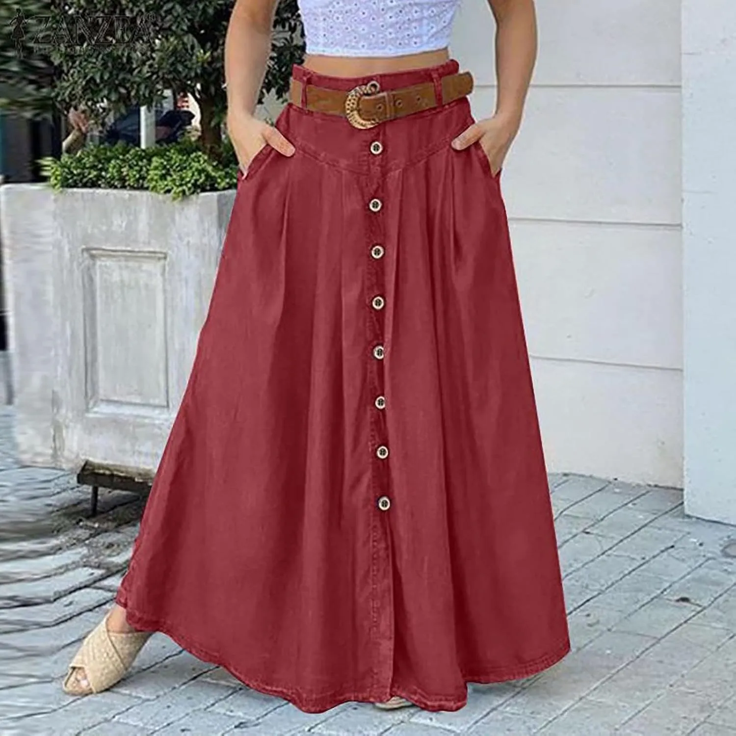 Women's Spring and Summer Casual Loose Solid Color A Line High Waist Skirt with Pocket Buttons Fashion Skirts for