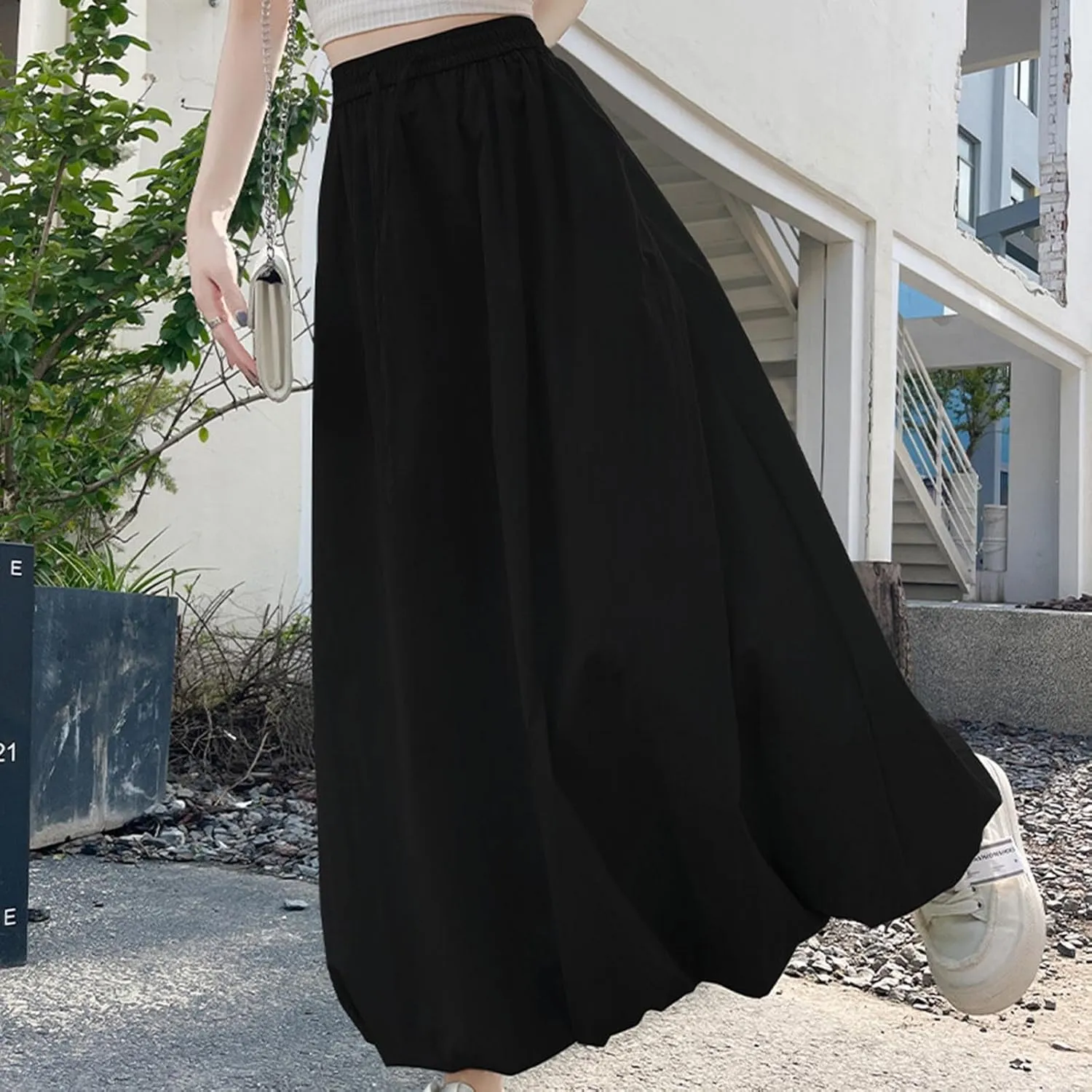 Xiaojmake Women's Casual Boho Maxi Skirt Elastic Waist Pleated A-Line Flowy Long Bubble Skirts Ankle Length Dance Skirt