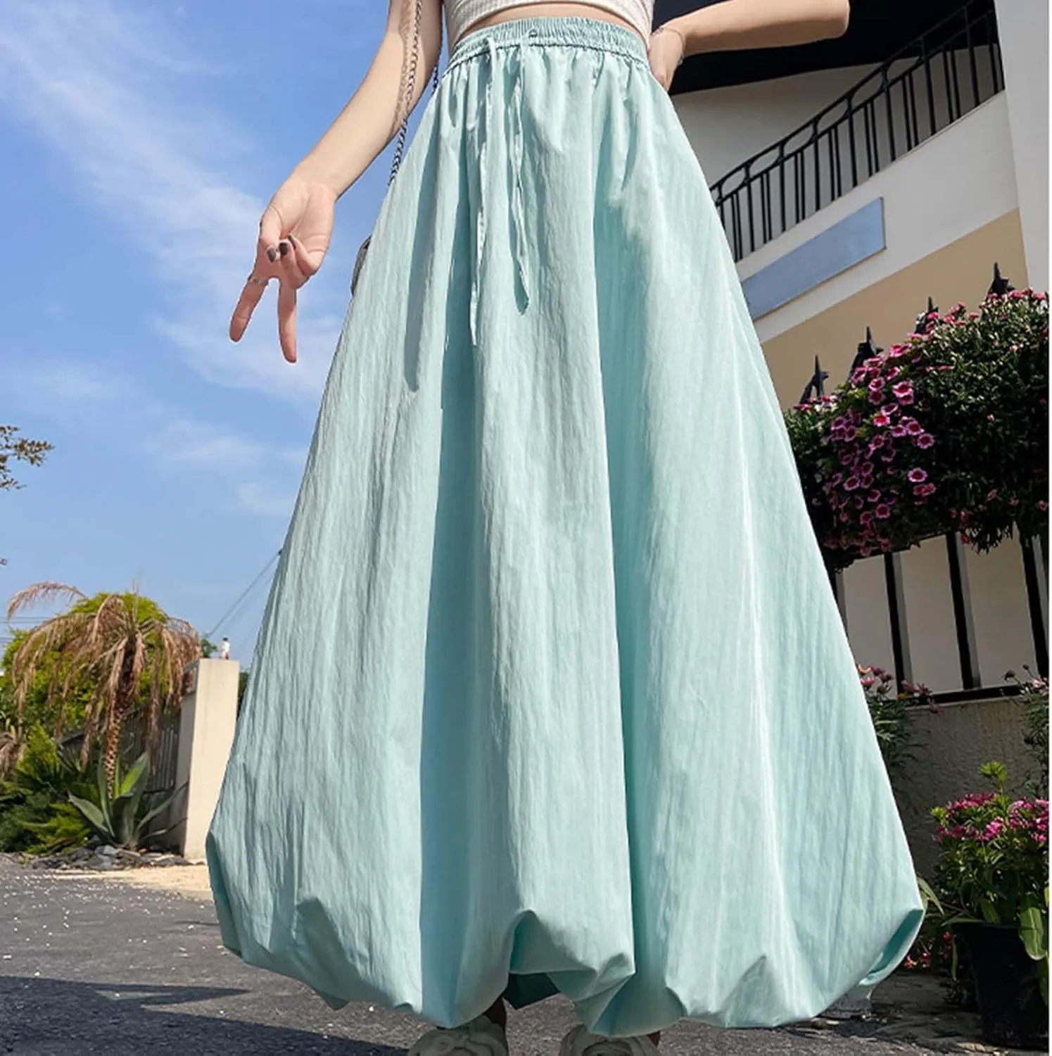 Xiaojmake Women's Casual Boho Maxi Skirt Elastic Waist Pleated A-Line Flowy Long Bubble Skirts Ankle Length Dance Skirt