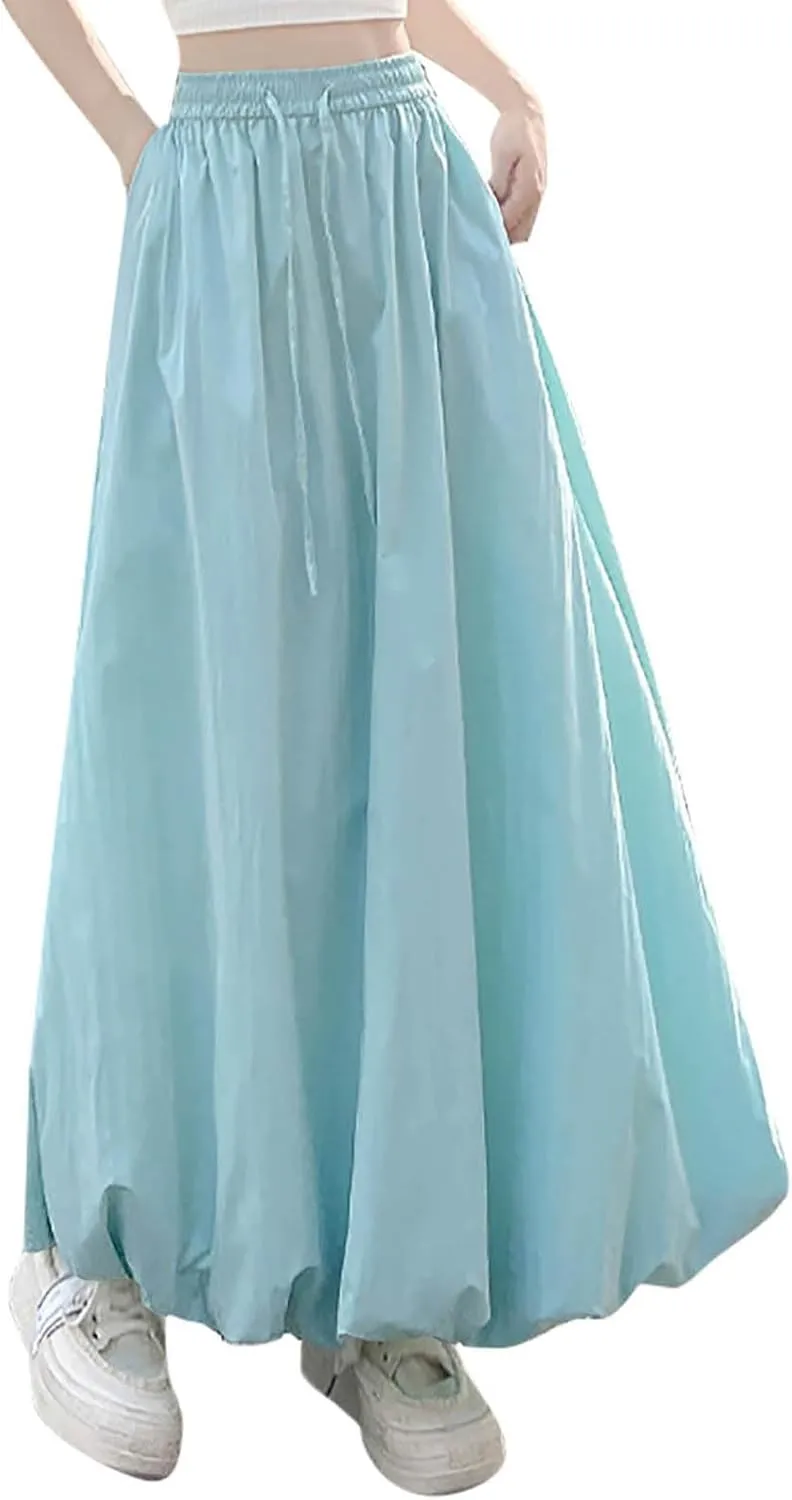 Xiaojmake Women's Casual Boho Maxi Skirt Elastic Waist Pleated A-Line Flowy Long Bubble Skirts Ankle Length Dance Skirt