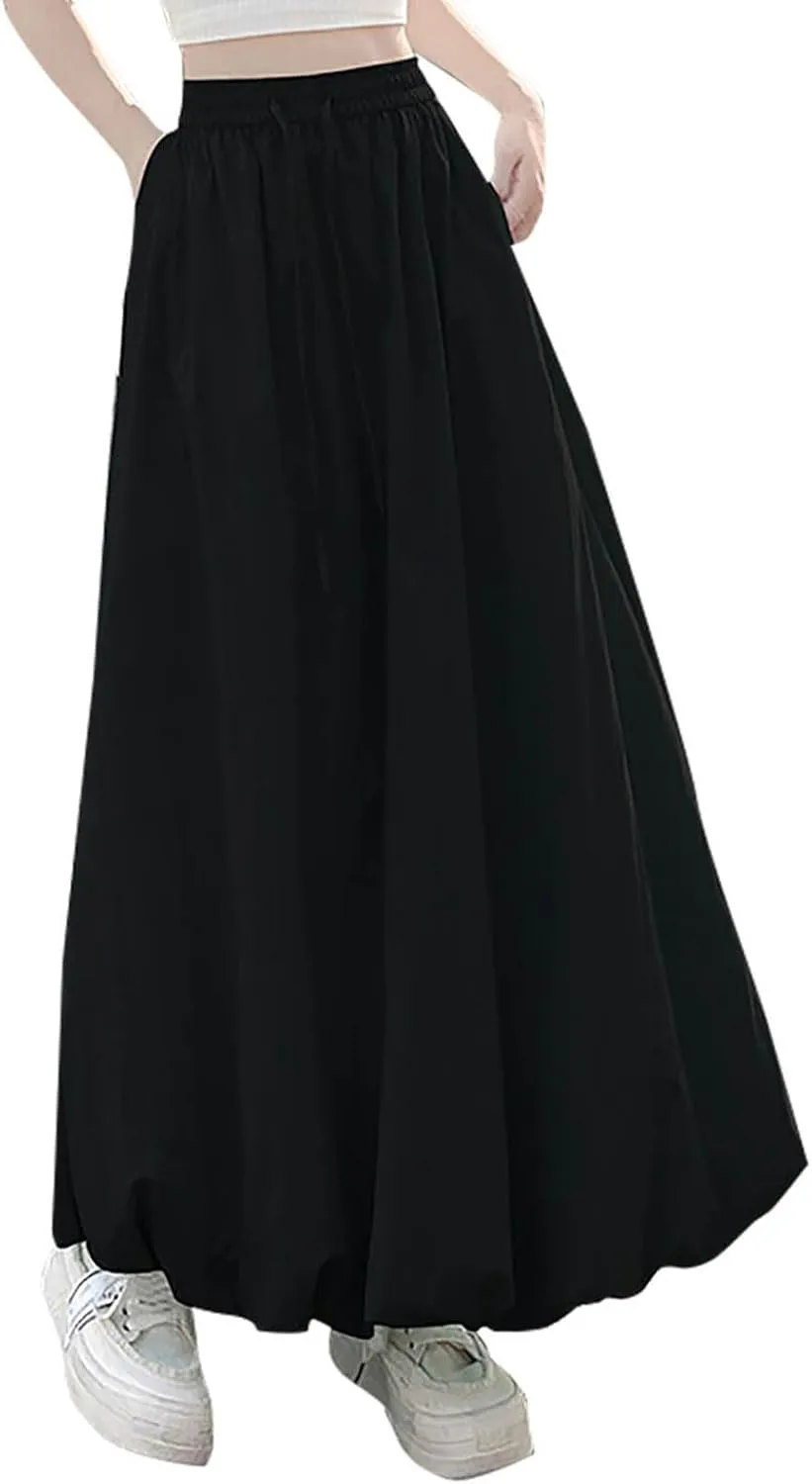 Xiaojmake Women's Casual Boho Maxi Skirt Elastic Waist Pleated A-Line Flowy Long Bubble Skirts Ankle Length Dance Skirt