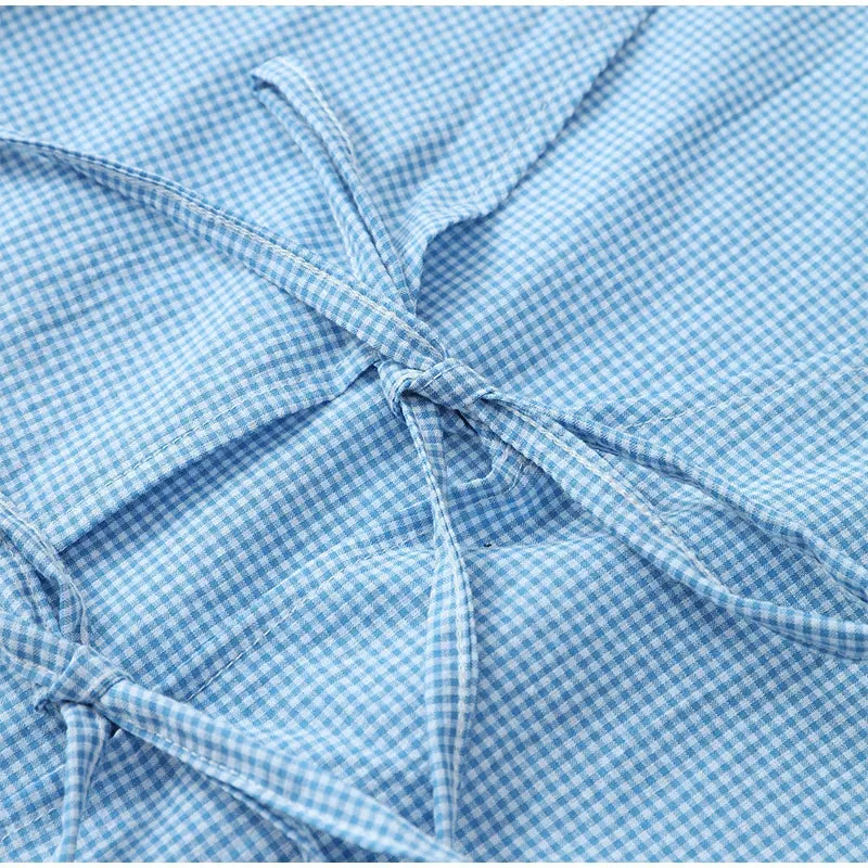 Y2K Vintage Plaid 2-Piece Lounge Set – Elegant V-Neck Puff Sleeve Tie-Up Blouse & High-Waist Shorts for Women