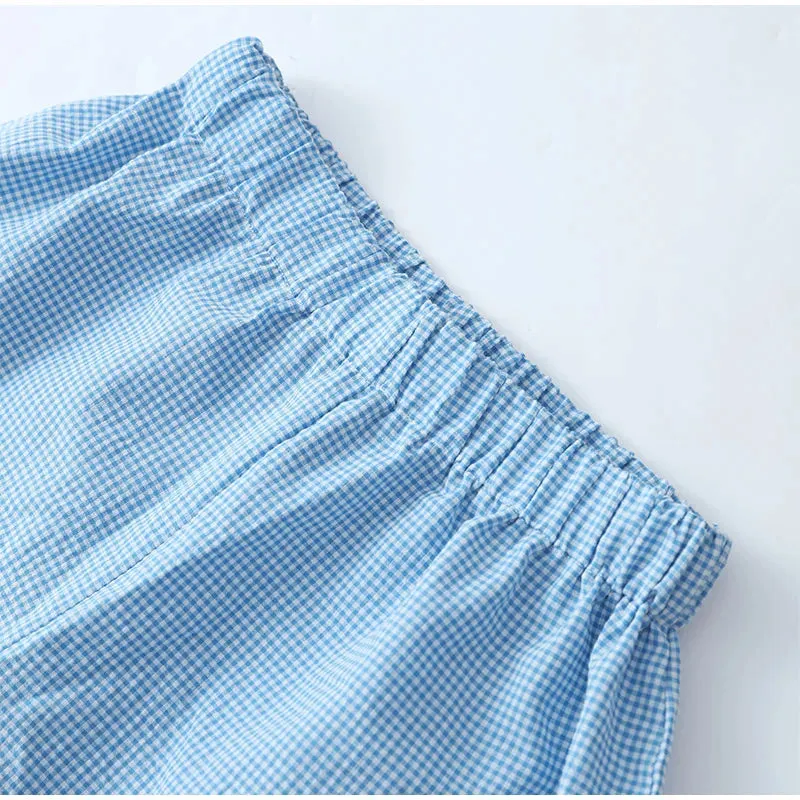 Y2K Vintage Plaid 2-Piece Lounge Set – Elegant V-Neck Puff Sleeve Tie-Up Blouse & High-Waist Shorts for Women
