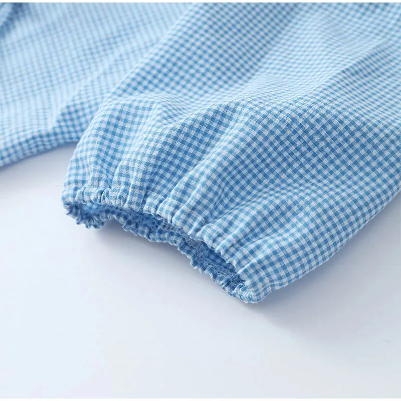 Y2K Vintage Plaid 2-Piece Lounge Set – Elegant V-Neck Puff Sleeve Tie-Up Blouse & High-Waist Shorts for Women