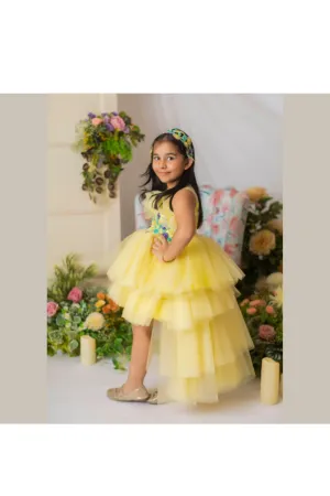 Yellow Floral Sequins Embroidered High Low Dress