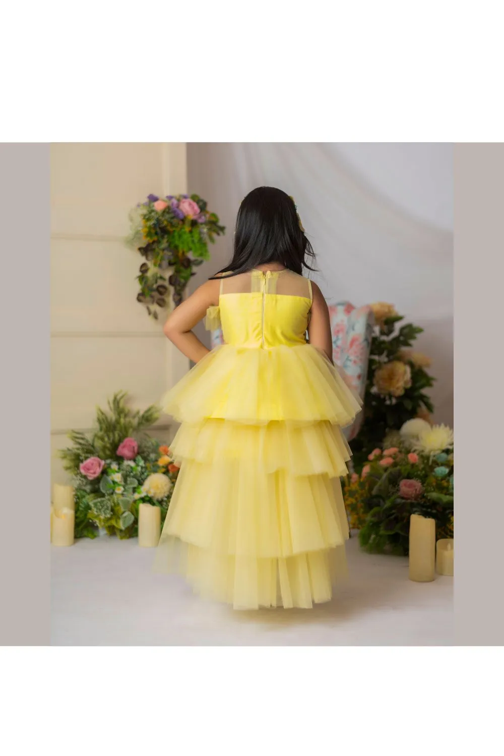 Yellow Floral Sequins Embroidered High Low Dress