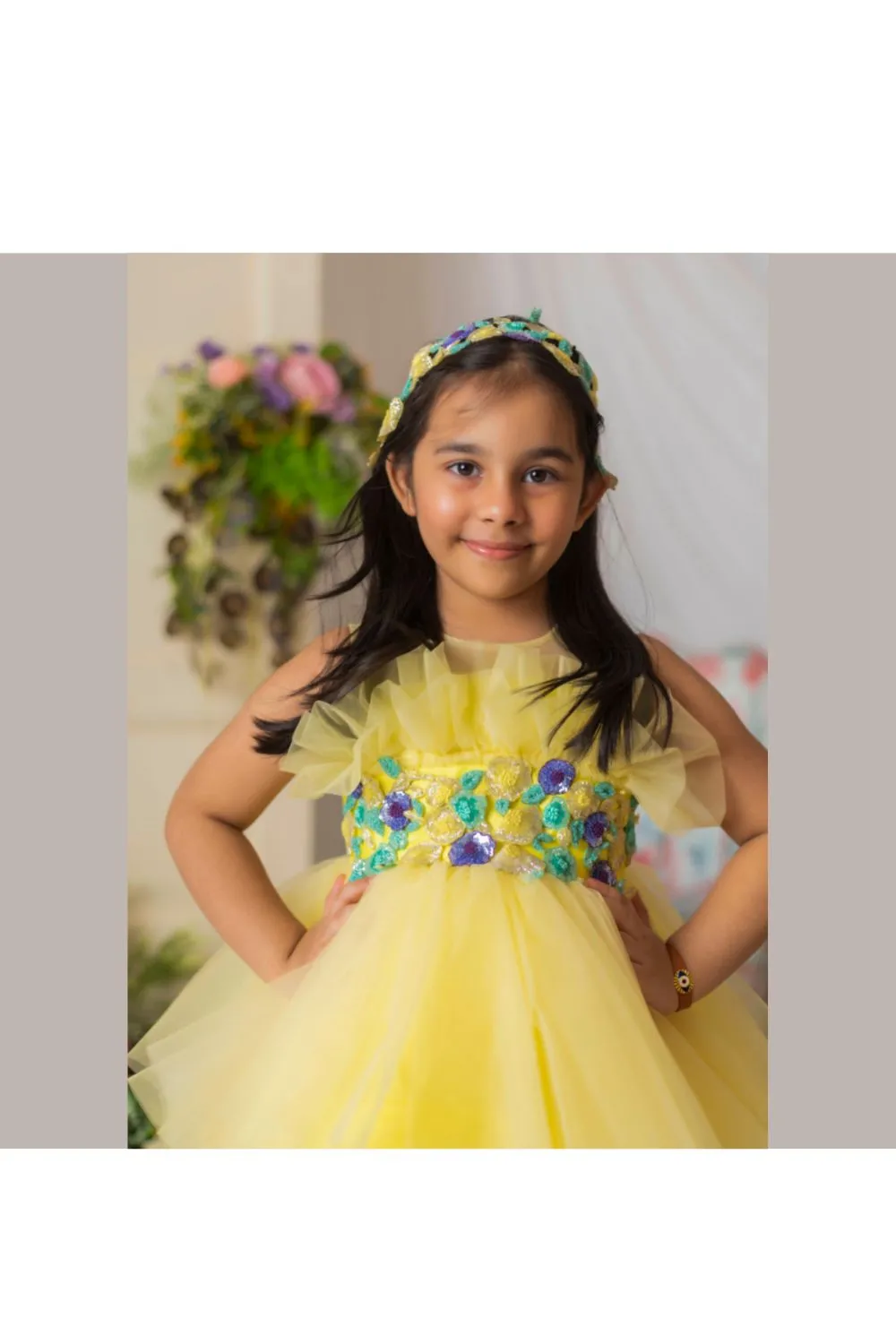Yellow Floral Sequins Embroidered High Low Dress
